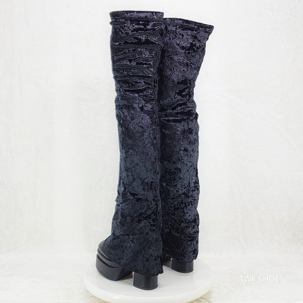 Unique Thigh High Black Velvet Fold over Skirted Chunky Heel Platform Boots - Totally Wicked Footwear