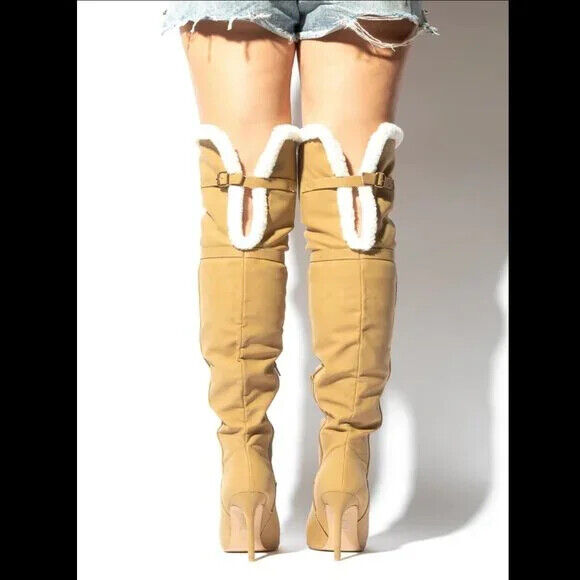 Cozy Craze Taupe Nubuck Over The Knee Fleece High Heel Thigh Boots - Totally Wicked Footwear