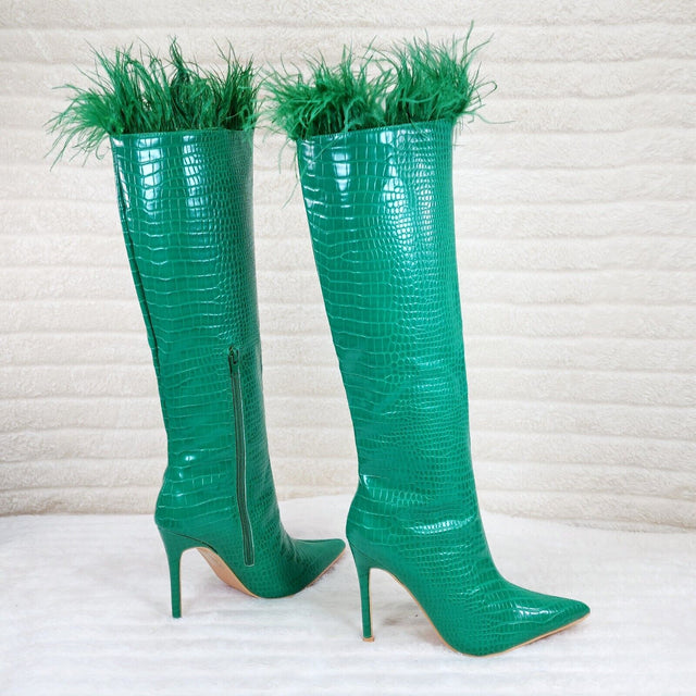 Flirty Green Snake Texture Knee High Heel Stiletto Boots Sexy Feather Top - Totally Wicked Footwear