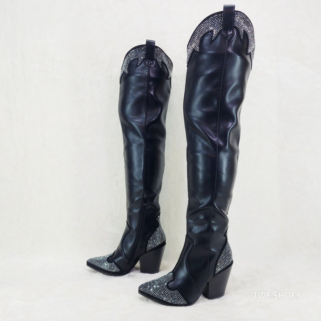 Primal Country Western Sexy Black OTK Thigh Boots With Rhinestone Trims - Totally Wicked Footwear