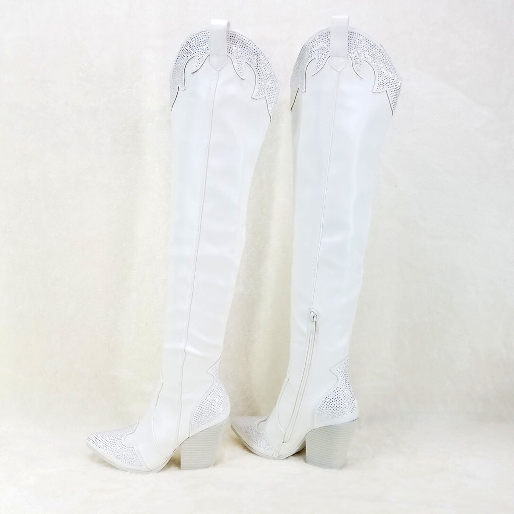 Primal Country Western Sexy White OTK Thigh Boots With Rhinestone Trims - Totally Wicked Footwear