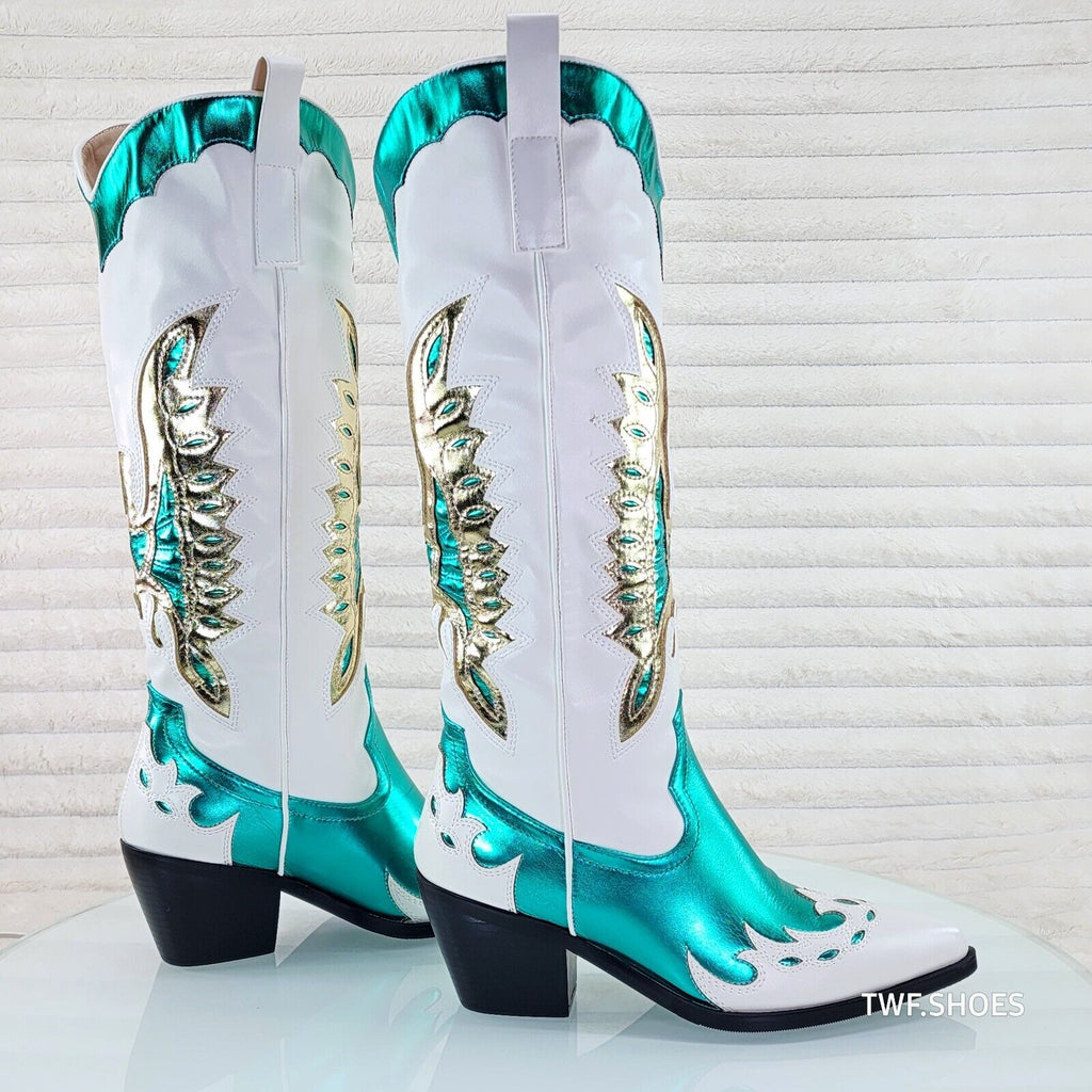 Phoenix Green Metallic White Western Cowgirl Boots Azalea Wang Collection - Totally Wicked Footwear