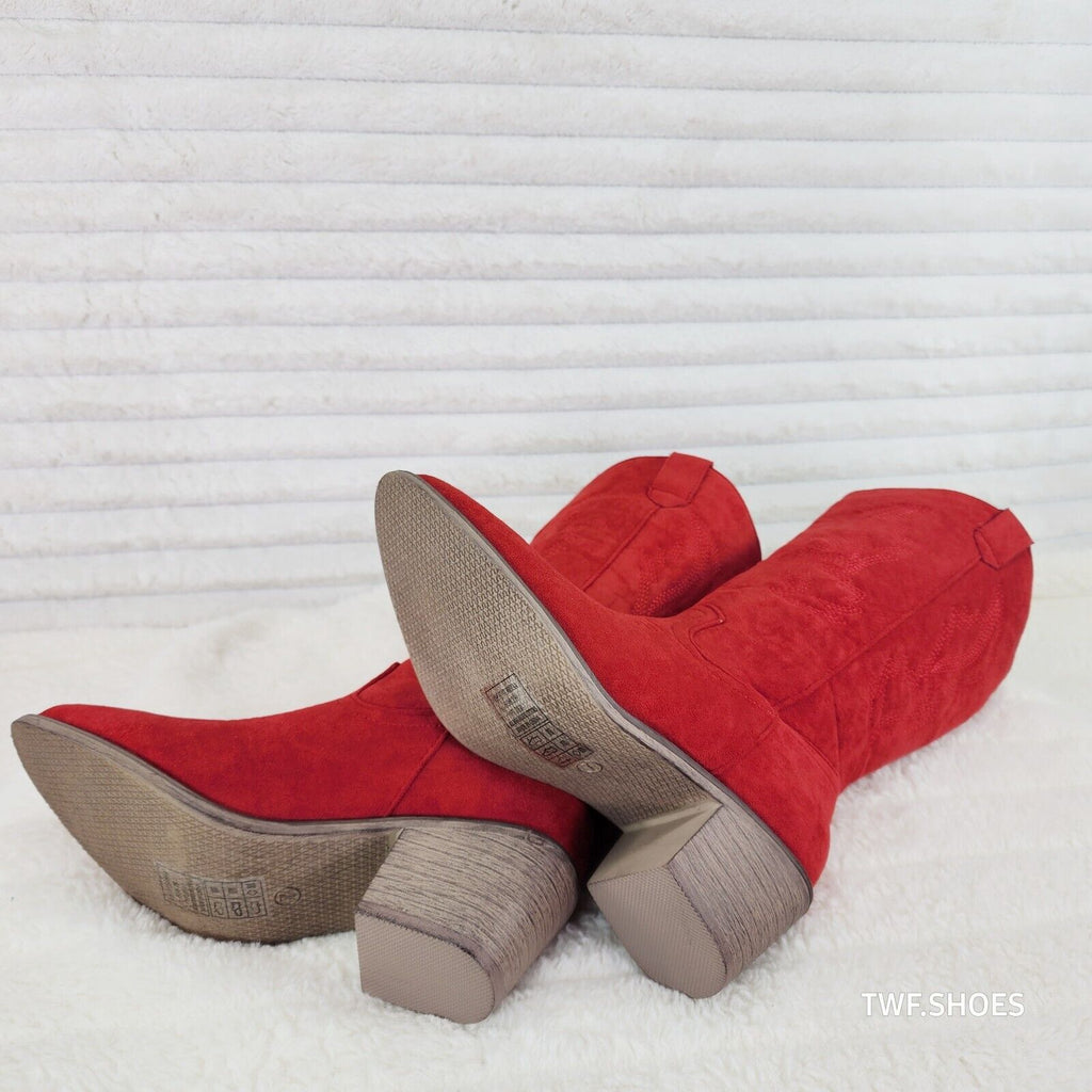 Wild Ones Red Faux Suede Pull On Mid Calf Cowboy Cowgirl Boots - Totally Wicked Footwear