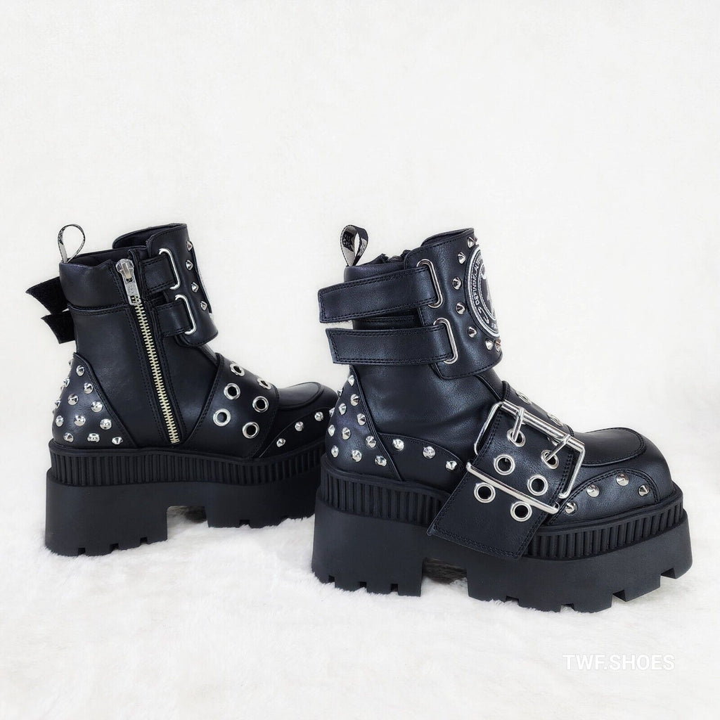 Wicked Wrath 58 Square Toe Goth Lace Up Big Buckle Strap Ankle Boots - Totally Wicked Footwear