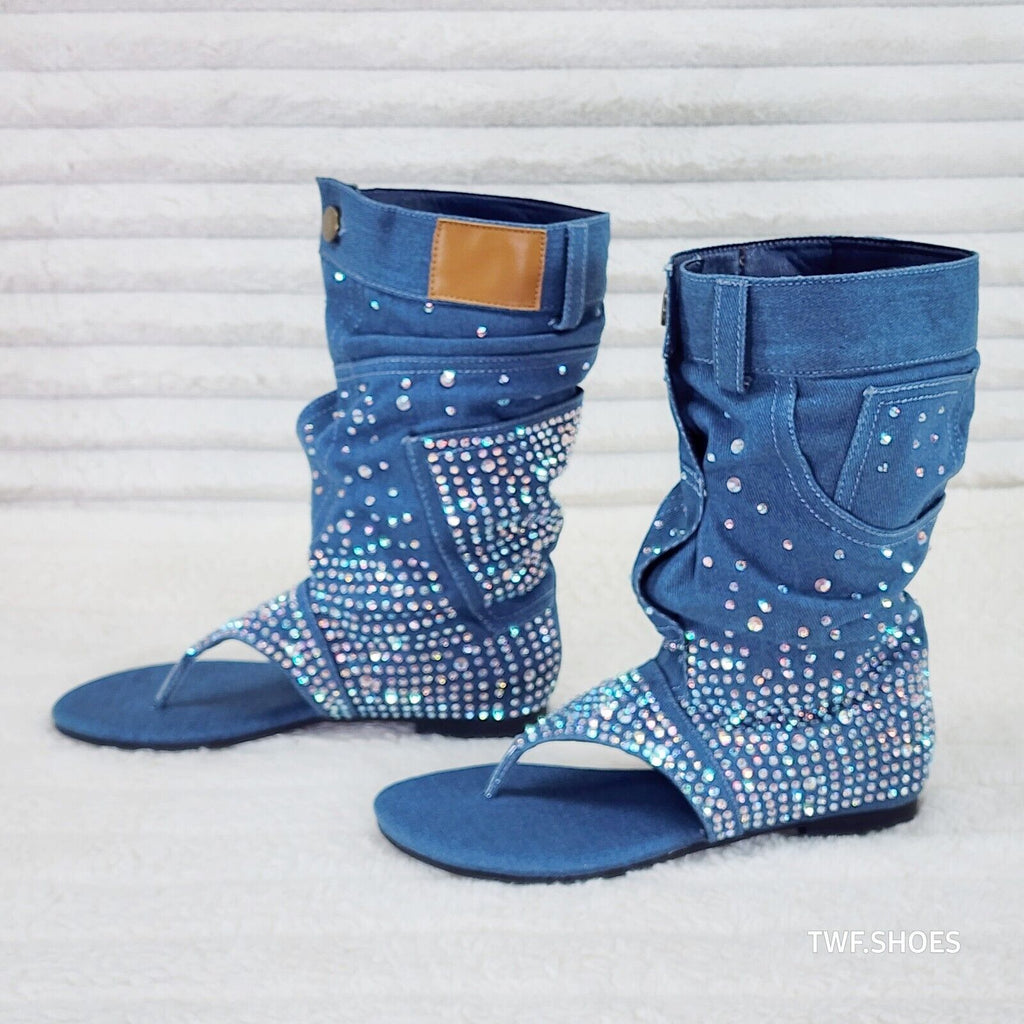 Perplex Denim & Rhinestones Sandal Slouch Boots Shooties - Totally Wicked Footwear