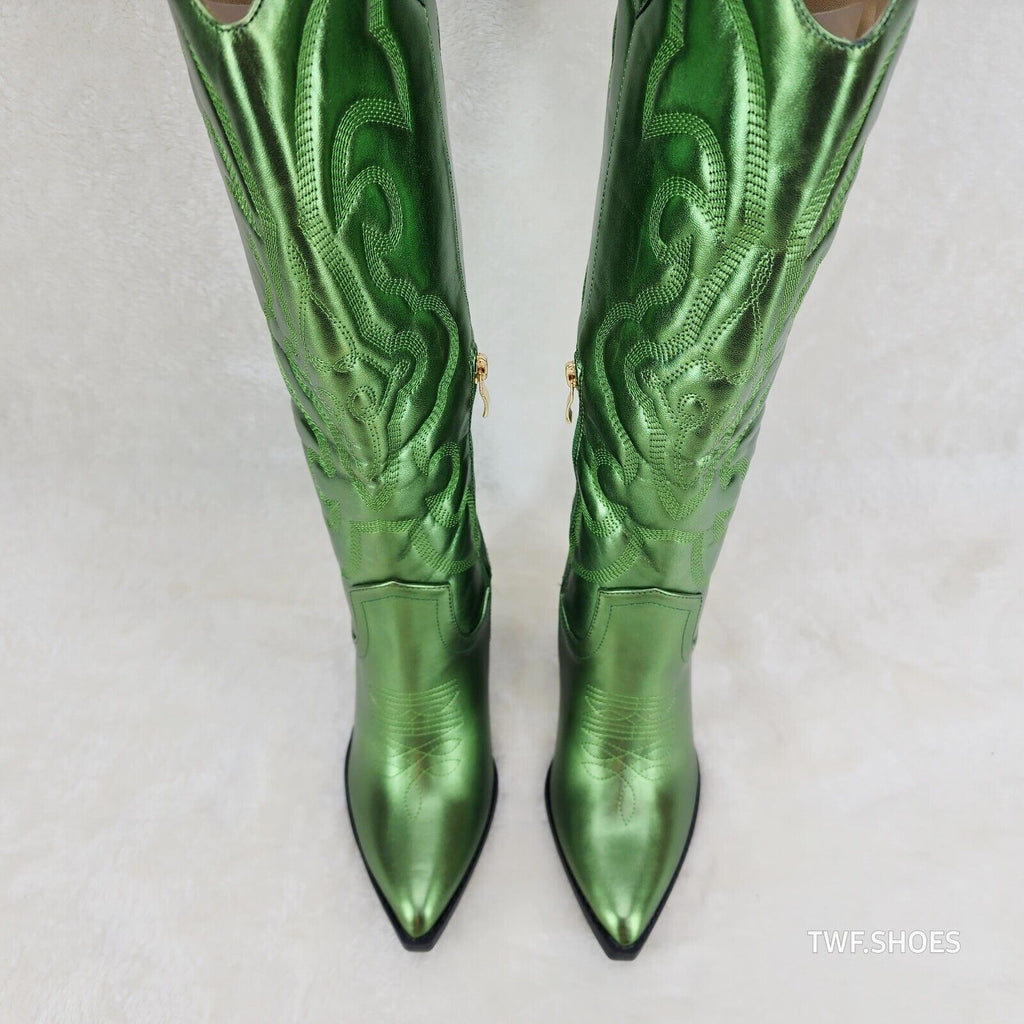 Electric Cowboy Brush Metallic Matte Western Knee High Cowgirl Boots Green - Totally Wicked Footwear