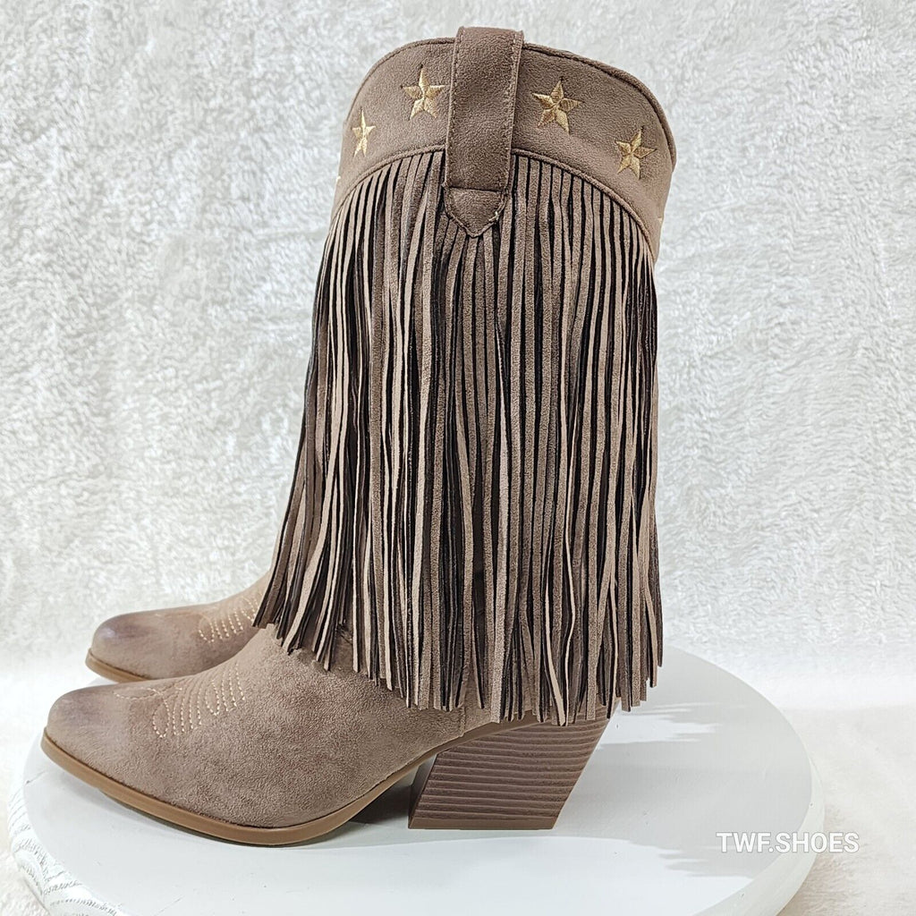 Dusty Mid Calf Coco Taupe Fringe Country Western Cowgirl Boots - Totally Wicked Footwear