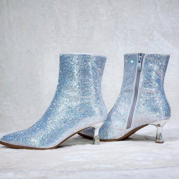 Ely White Flat Rhinestone Ankle Boots