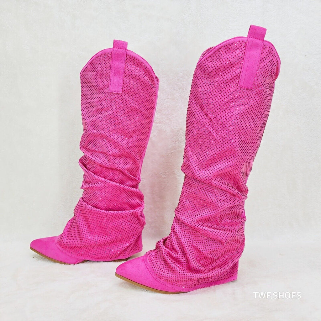 Country Twist Fuchsia Draped Rhinestone Fold Over Western Cowgirl Boots - Totally Wicked Footwear