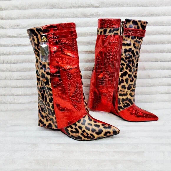 Vivid Red Metallic & Leopard Print Fold Over Skirted Mid Calf Wedge Heel Boots - Totally Wicked Footwear