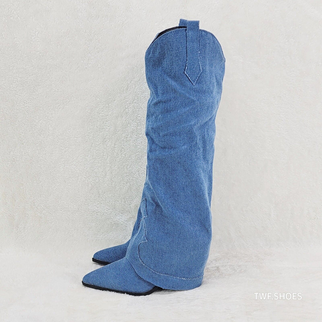 Rough Cut Denim Skirted Fold Over Country Western Knee High Cowgirl Boots - Totally Wicked Footwear