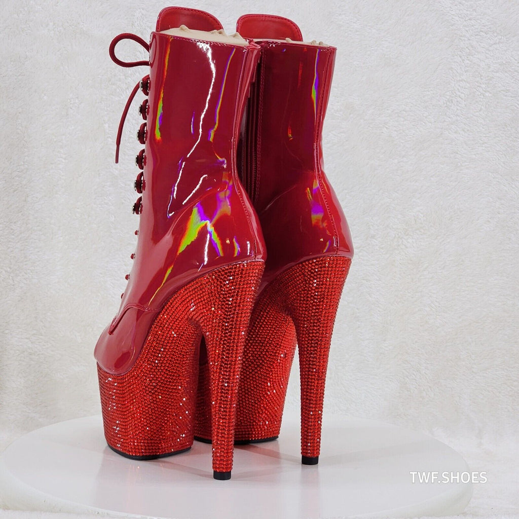 Bejeweled Red Rhinestone Platform Lace Up Ankle Boots 7" High Heels IN HOUSE - Totally Wicked Footwear