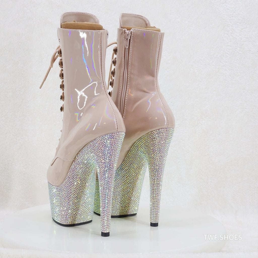 Bejeweled Nude Rhinestone Platform Lace Up Ankle Boots 7" High Heels IN HOUSE - Totally Wicked Footwear