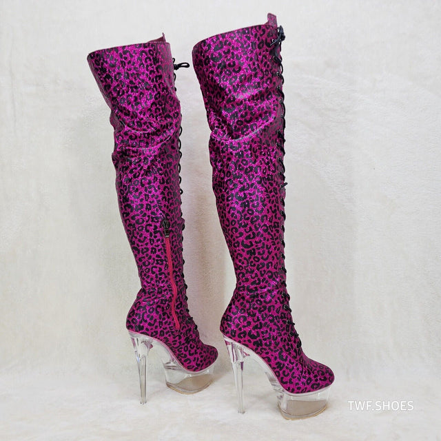 Bulls Hot Pink Leopard Glitter Over the Knee Clear Platform High Heel Thigh Boot - Totally Wicked Footwear