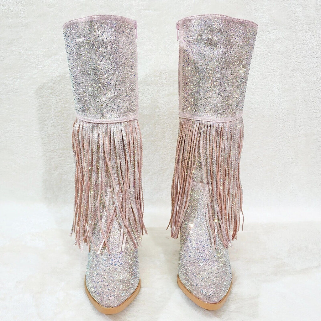 Western Diva Baby Pink Asymmetrical Fringe Rhinestone Glam Cowgirl Boots - Totally Wicked Footwear