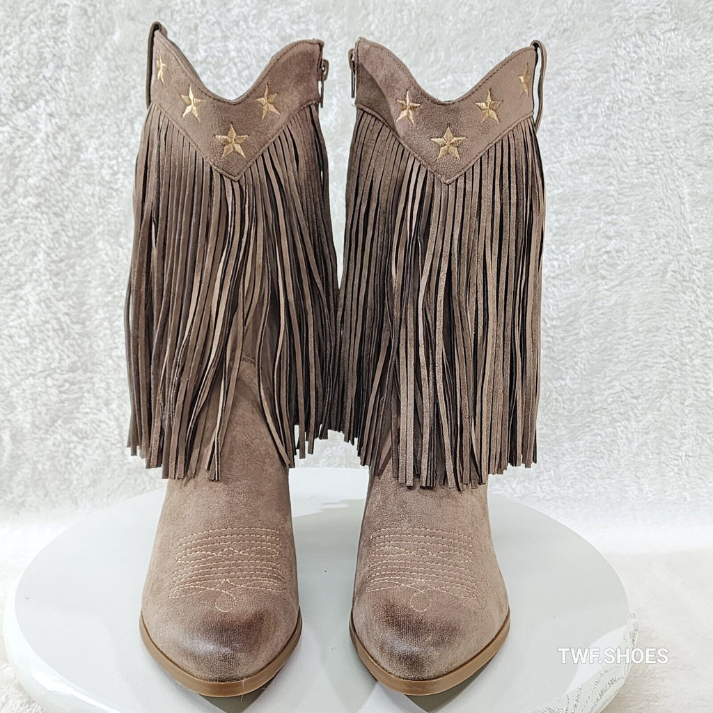 Dusty Mid Calf Coco Taupe Fringe Country Western Cowgirl Boots - Totally Wicked Footwear