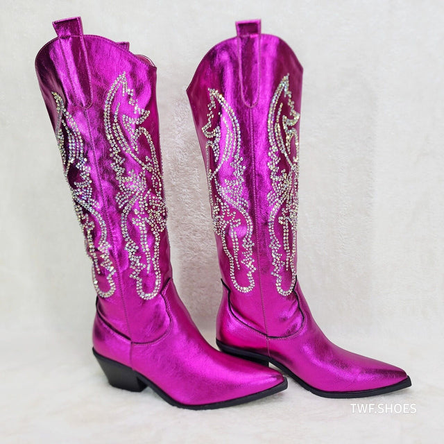 Razzle Metallic Pink Fuchsia Country Western Cowgirl Knee Boot Rhinestone Dazzle - Totally Wicked Footwear