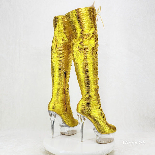 Bulls Metallic Yellow Gold OTK Clear Platform High Heel Thigh Boots - Totally Wicked Footwear
