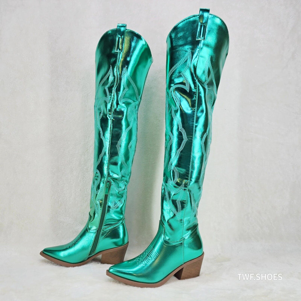 Country Disco Cowboy Metallic Green Western Cowgirl OTK Thigh Boots - Totally Wicked Footwear