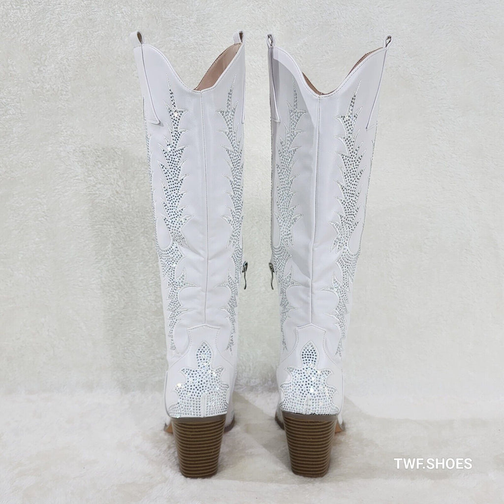 Rodeo Flash White Matte Rhinestone Western Knee High Cowgirl Boots - Totally Wicked Footwear