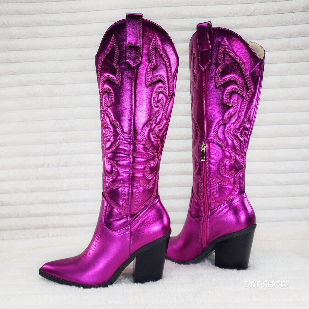 Electric Cowboy Metallic Matte Western Knee High Cowgirl Boots Hot Fuchsia Pink - Totally Wicked Footwear