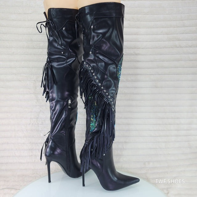 Frenzy Black Fringe Rhinestone Over The Knee Thigh Boots Azalea Wang - Totally Wicked Footwear