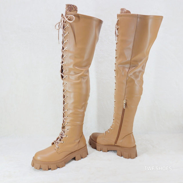 Roscoe Rose Gold Tan Combat Thigh High Boots Rose Gold Rhinestone Tongue - Totally Wicked Footwear