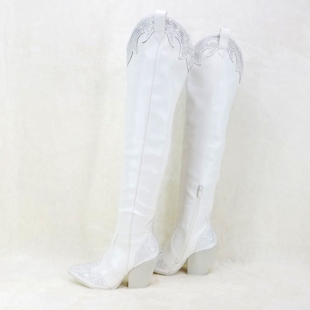 Primal Country Western Sexy White OTK Thigh Boots With Rhinestone Trims - Totally Wicked Footwear