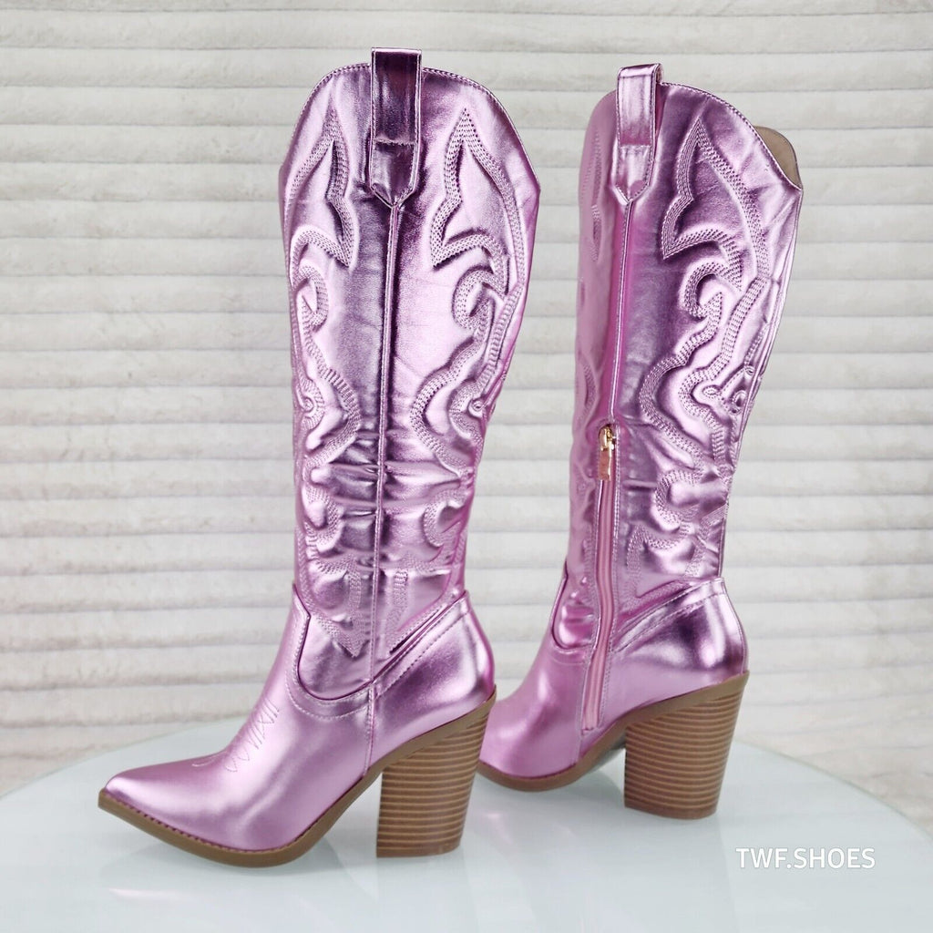 Electric Cowboy Metallic Matte Western Knee High Cowgirl Boots Baby Pink - Totally Wicked Footwear