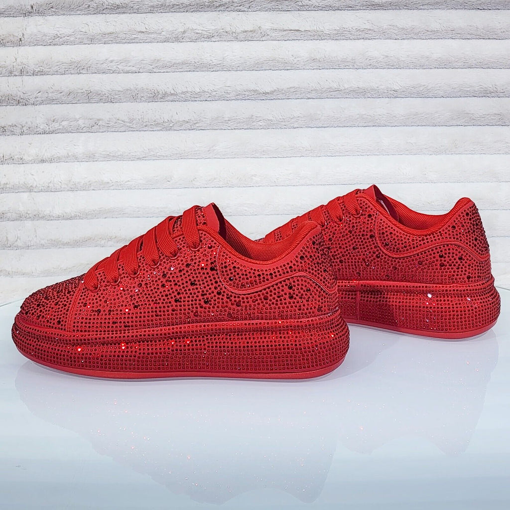 Dazzle Cush Red Rhinestone Comfy Platform Sneakers Tennis Shoes - Totally Wicked Footwear