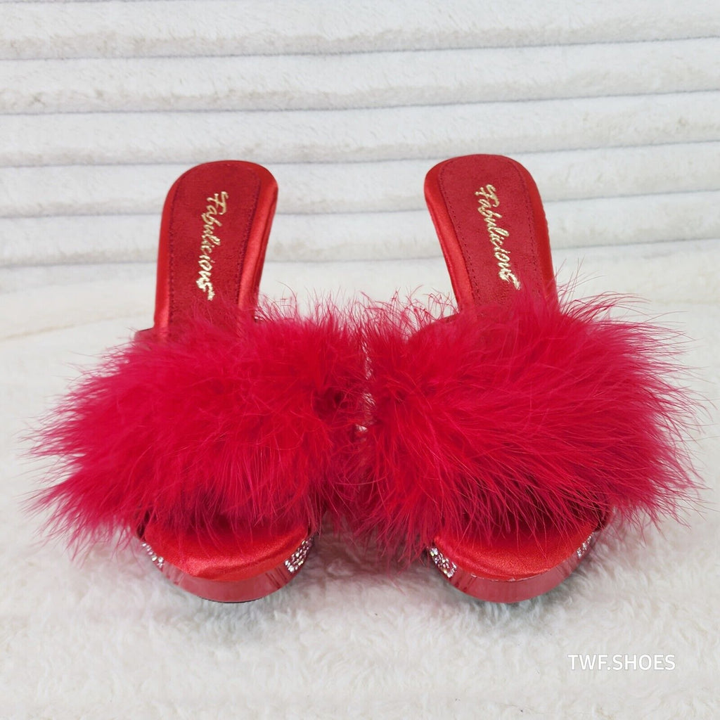 Elegance Marabou Feather Slip On Platform Sandals 5" Stiletto Heel Shoes red - Totally Wicked Footwear