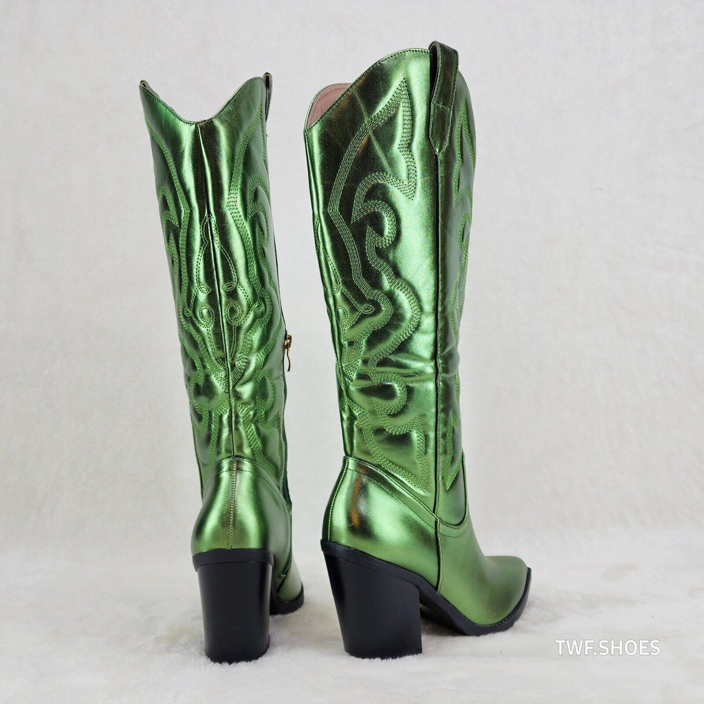 Electric Cowboy Brush Metallic Matte Western Knee High Cowgirl Boots Green - Totally Wicked Footwear