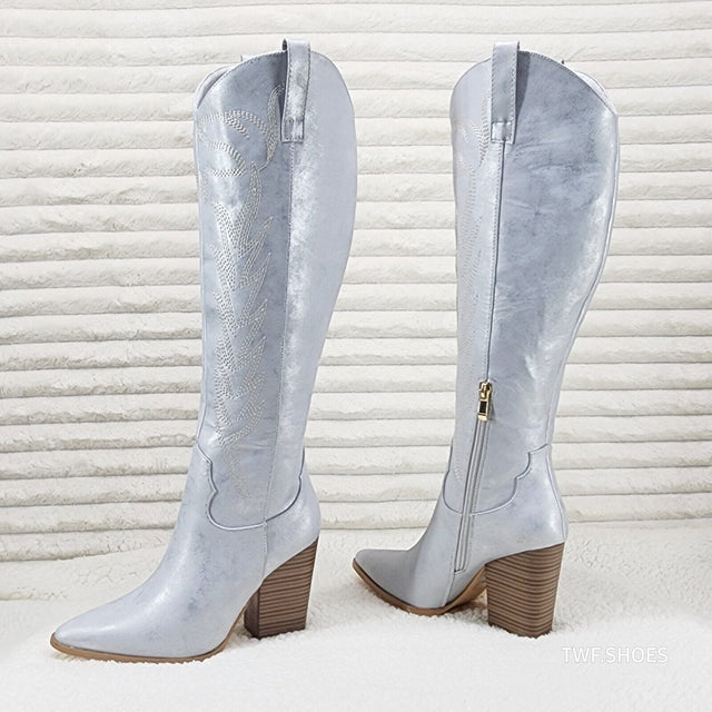 So Me Cruising Brushed Metallic Western Cowgirl Knee Boots Silver - Totally Wicked Footwear