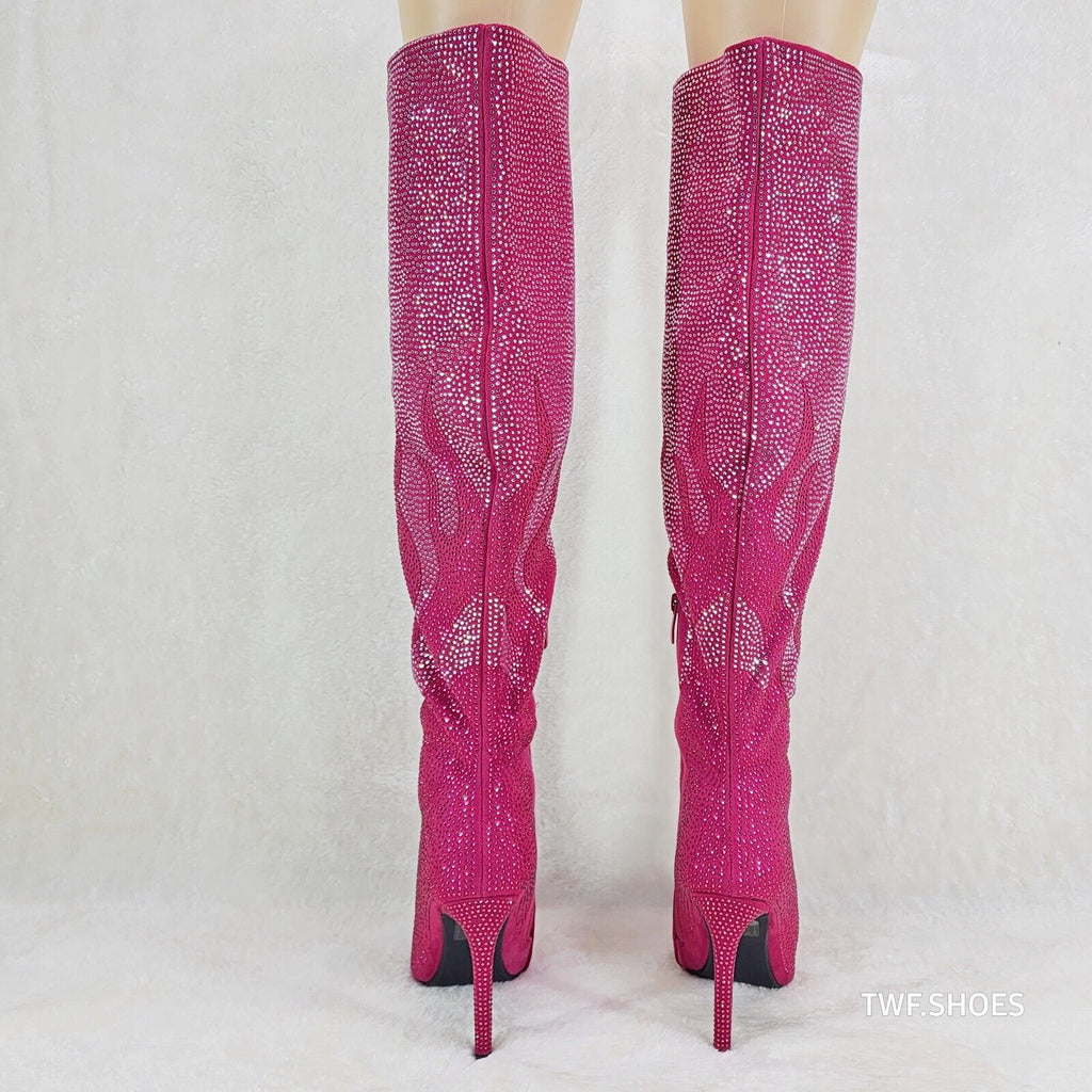 Fiery Desire Hot Fuchsia Pink Rhinestone Flame Detail Sexy OTK Thigh Boots - Totally Wicked Footwear