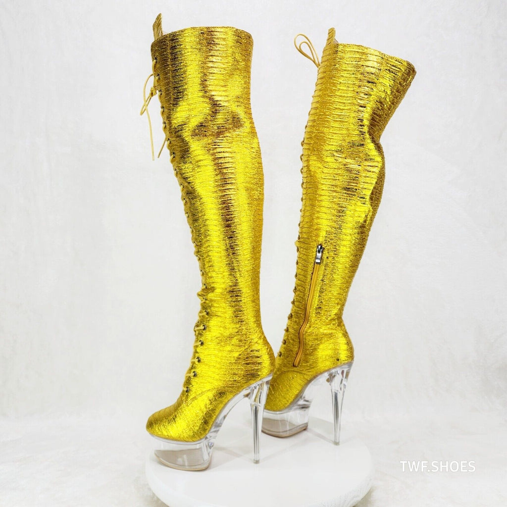 Bulls Metallic Yellow Gold OTK Clear Platform High Heel Thigh Boots - Totally Wicked Footwear