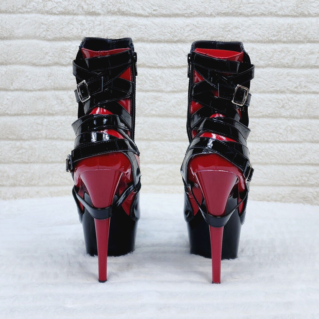 Delight 1012 Black / Red Buckle Strap 6" High Heels Platform Ankle Boots NY - Totally Wicked Footwear