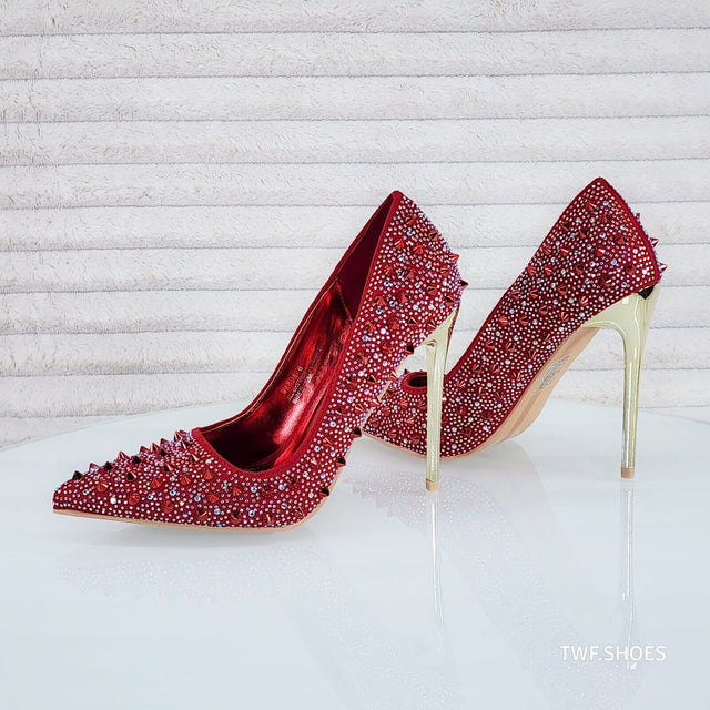 Wicked Sexy Spike Stud Iridescent Rhinestone High Heel Pump Shoes Red - Totally Wicked Footwear