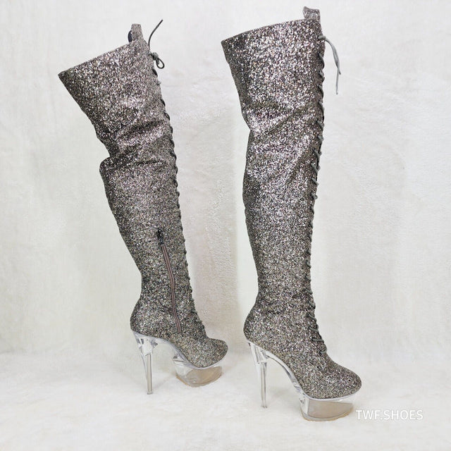 Bulls Silver Glitter Over the Knee Clear Platform High Heel Thigh Boot - Totally Wicked Footwear