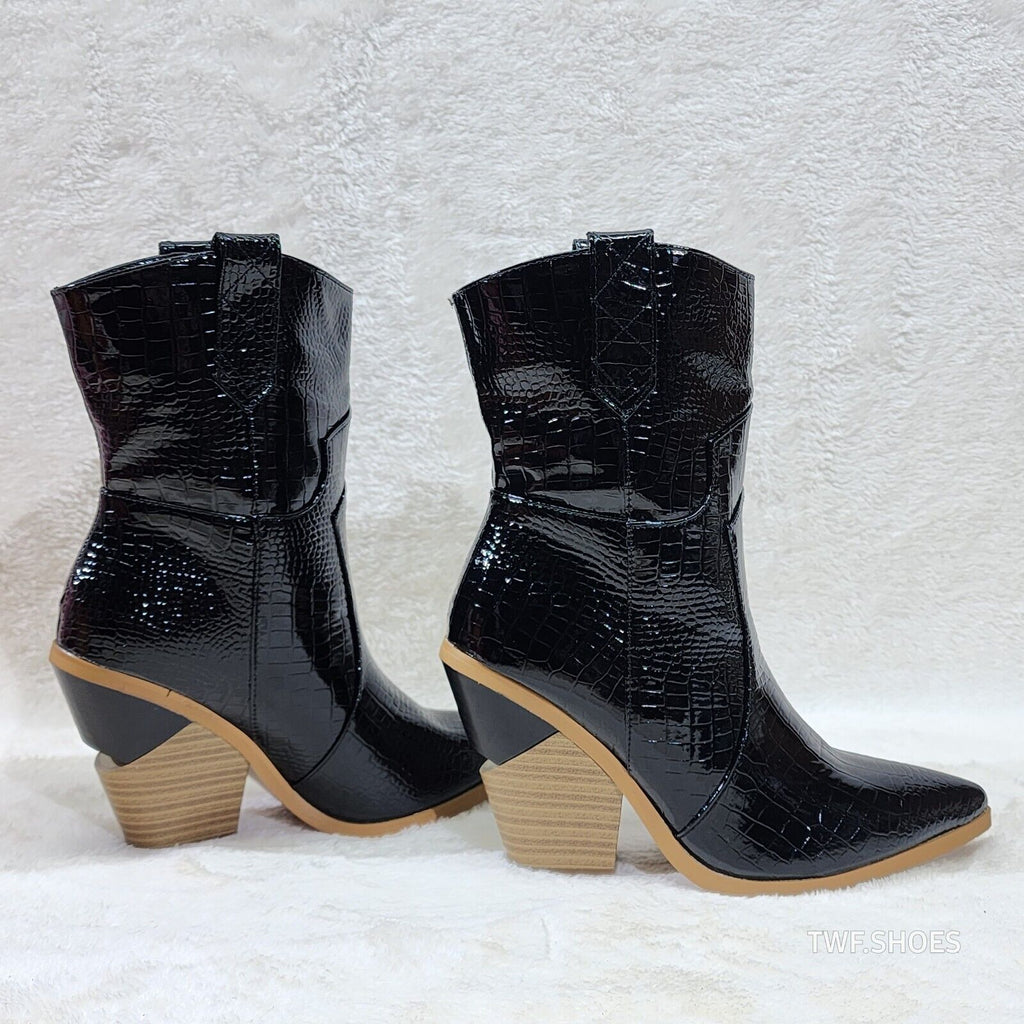 Twisted Black Patent Country Western Cowgirl Ankle Boots 2 Tone Split Cut Heels - Totally Wicked Footwear