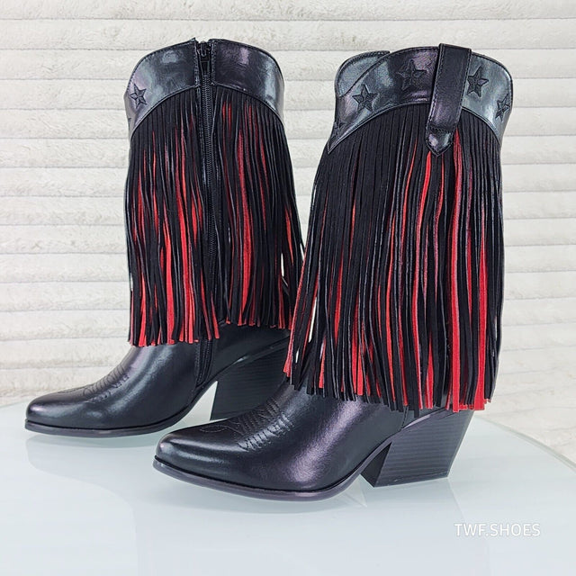 Country Swing Black and Red Fringe Western Cowgirl Boots Tuck Zipper - Totally Wicked Footwear