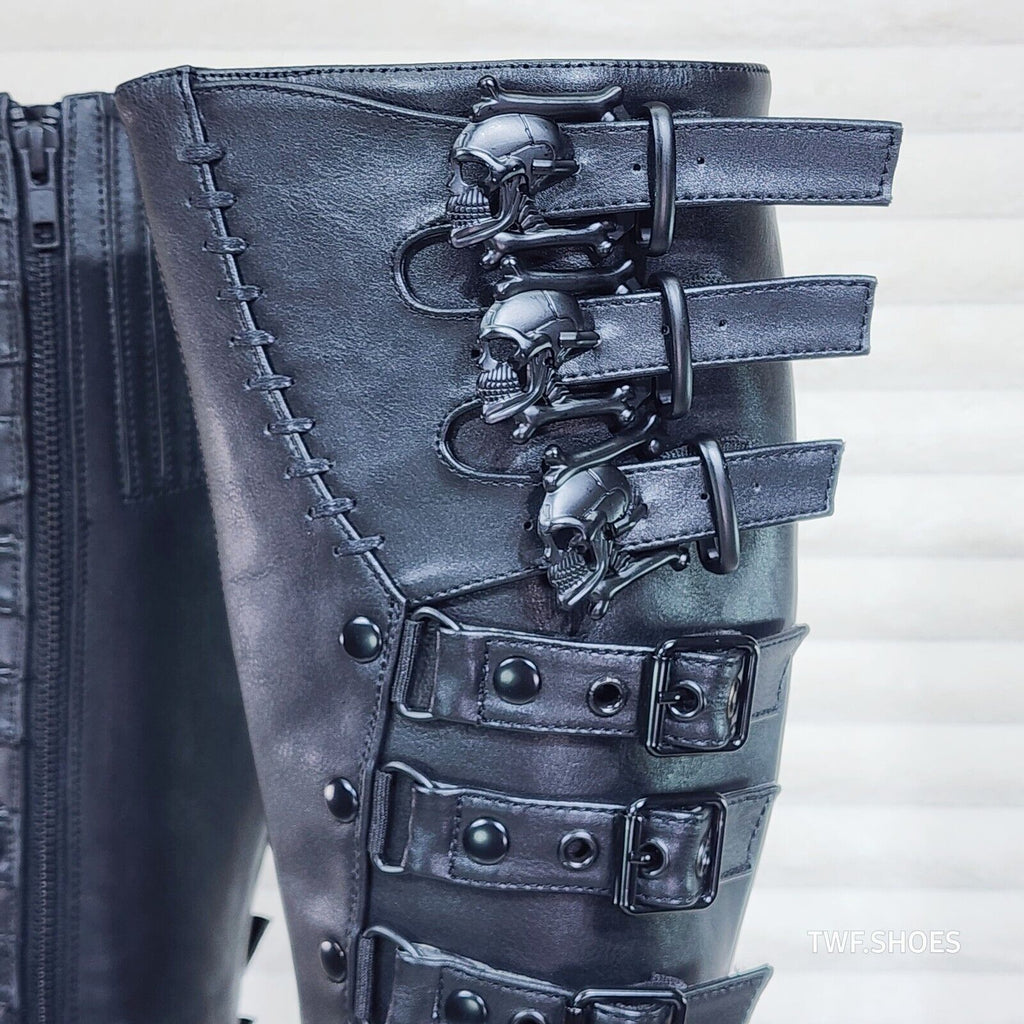 Shaker Black Matte Platform 4.5" Wedge Heel Skull Buckle Knee Boots NY DEMONIA - Totally Wicked Footwear