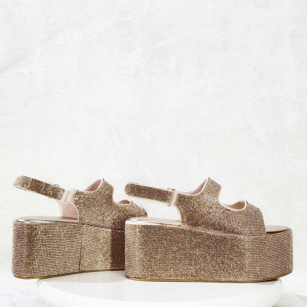 Oh Yeah Rose Gold 3" Platform Sparkling Rhinestone Flatform Slingback Sandals - Totally Wicked Footwear