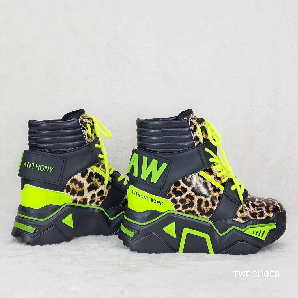 Wang Damson Lime Leopard Platform Hi-Top Sneaker Boots Hidden Wedge - Totally Wicked Footwear