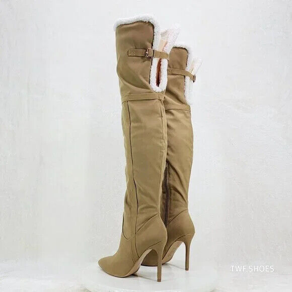 Cozy Craze Taupe Nubuck Over The Knee Fleece High Heel Thigh Boots - Totally Wicked Footwear