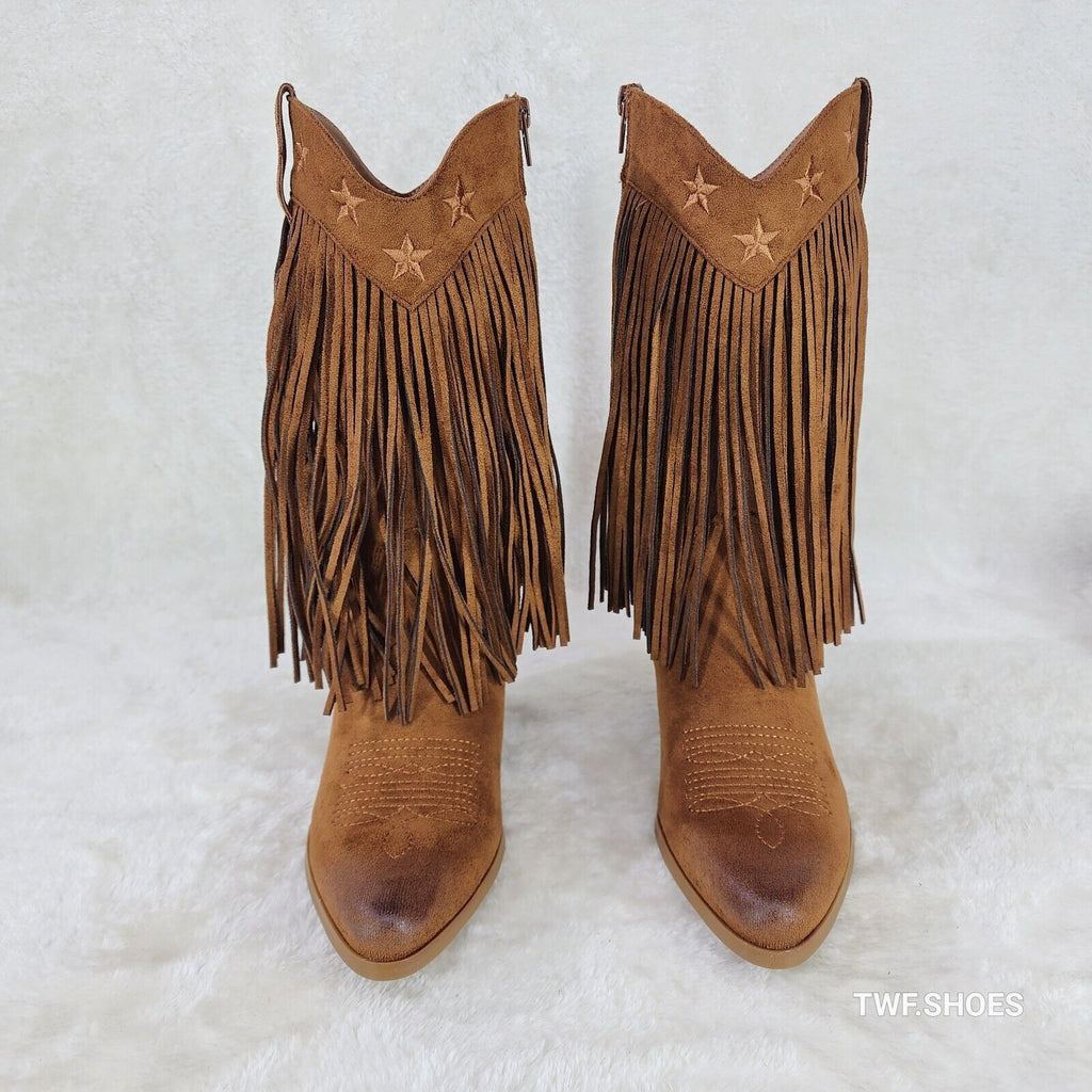 Dusty Trails Mid Calf Whiskey Brown Fringe Country Western Cowgirl Boots - Totally Wicked Footwear
