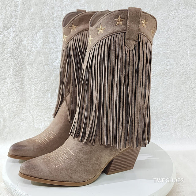 Dusty Mid Calf Coco Taupe Fringe Country Western Cowgirl Boots - Totally Wicked Footwear