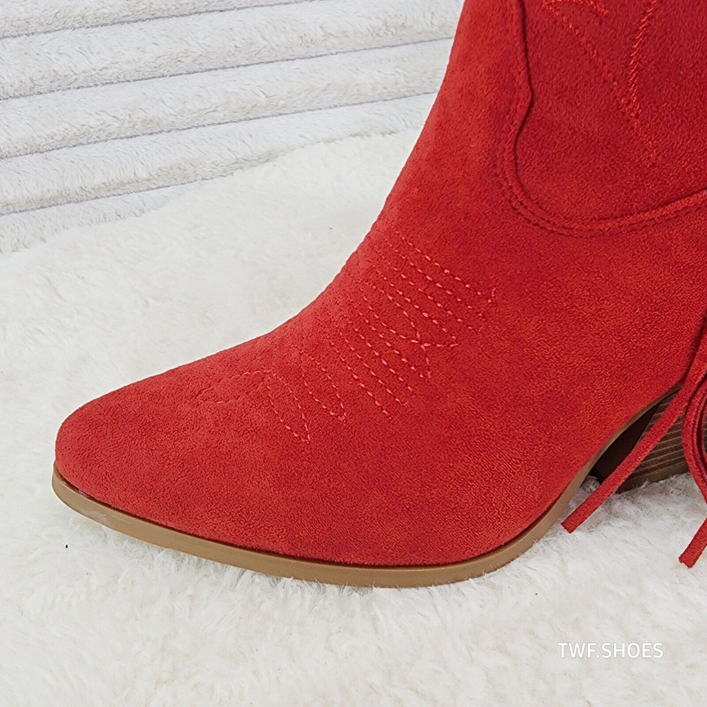 Dusty Roads Red Faux Suede Back Fringe Western Cowgirl Boots - Totally Wicked Footwear