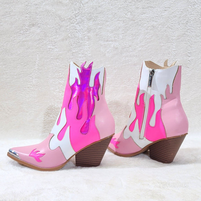 Western Flame Cowgirl Ankle Boots Pink Fire Color Block Country Rock - Totally Wicked Footwear