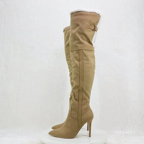 Cozy Craze Taupe Nubuck Over The Knee Fleece High Heel Thigh Boots - Totally Wicked Footwear