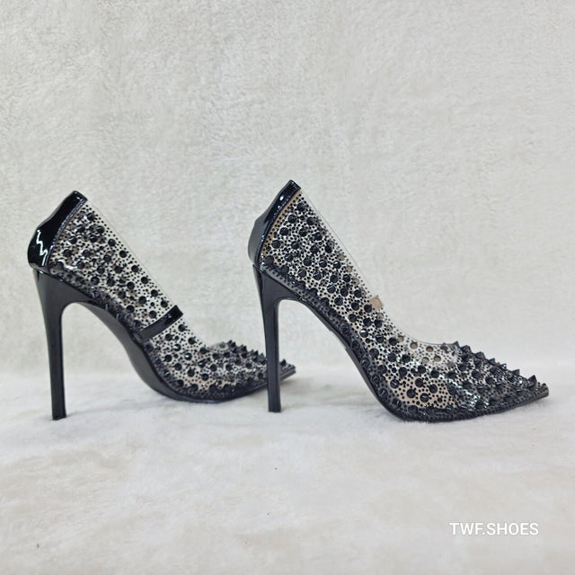 Spicy Stiletto PVC Clear Pumps Black Studs & Rhinestone Pumps Stiletto Heels - Totally Wicked Footwear